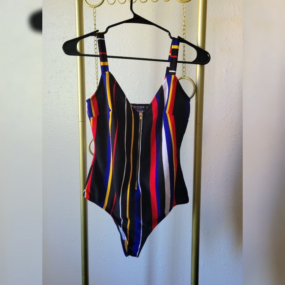 Striped Zip Up Bodysuit in Size S by Fashion Nova